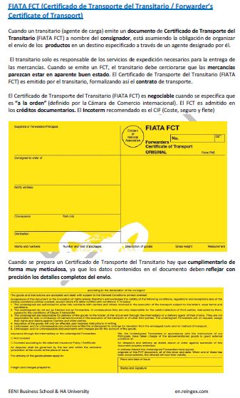 Certificado de Transporte del Transitario (FIATA FCT) Federación Internacional de Asociaciones de Transitarios