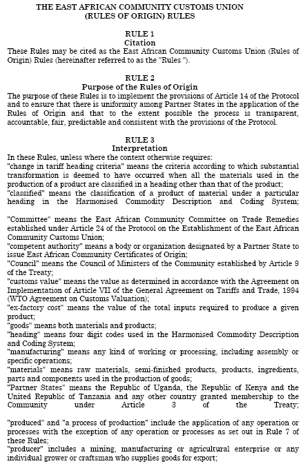 Rules of Origin - East African Community (EAC)